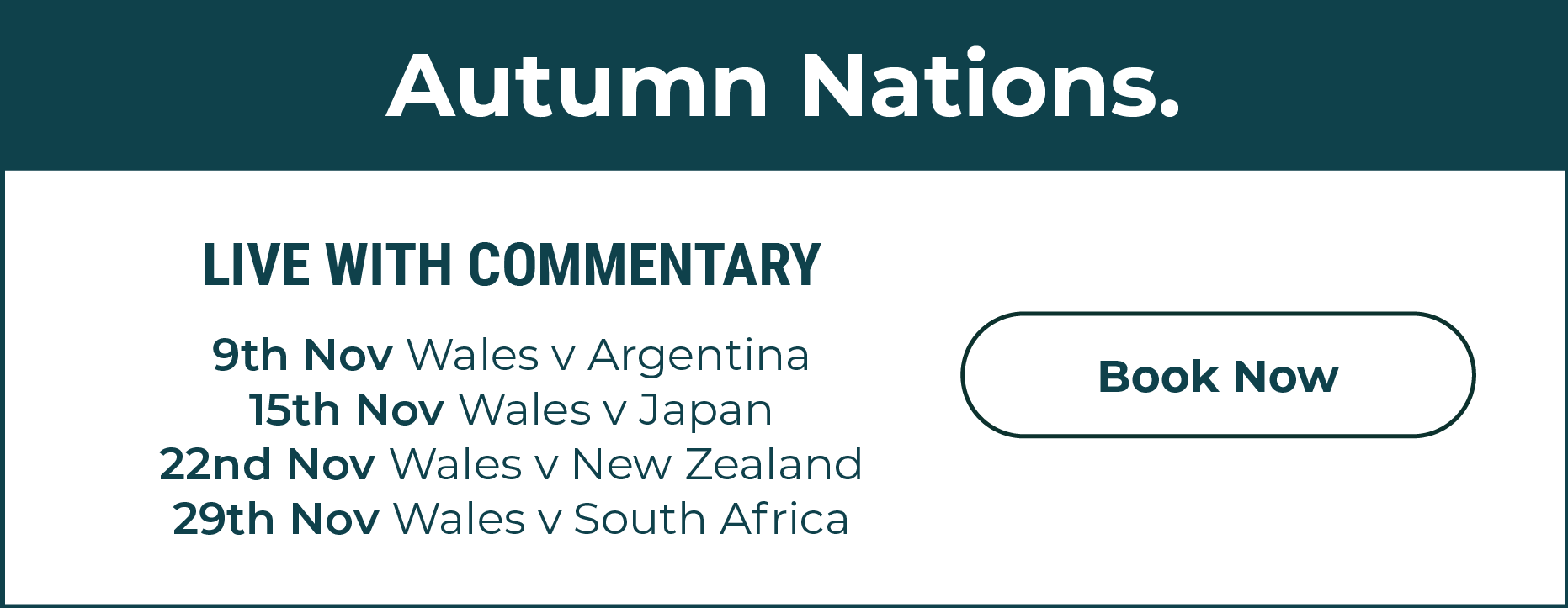 Autumn Nations rugby showing live on TV at Daffodil with commentary. 9th November Wales v Argentina. 15th November Wales v Japan. 22nd November Wales v New Zealand. 29th November Wales v South Africa. Click this section to go to the bookings page.