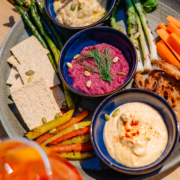 The Welsh Mezze. [Serves 2] Rarebit hummus, whipped Caerphilly cheese and beetroot & dill dip. With chargrilled peppers, asparagus & baby leeks, carrot sticks, sourdough crostini & Cradoc’s crackers.